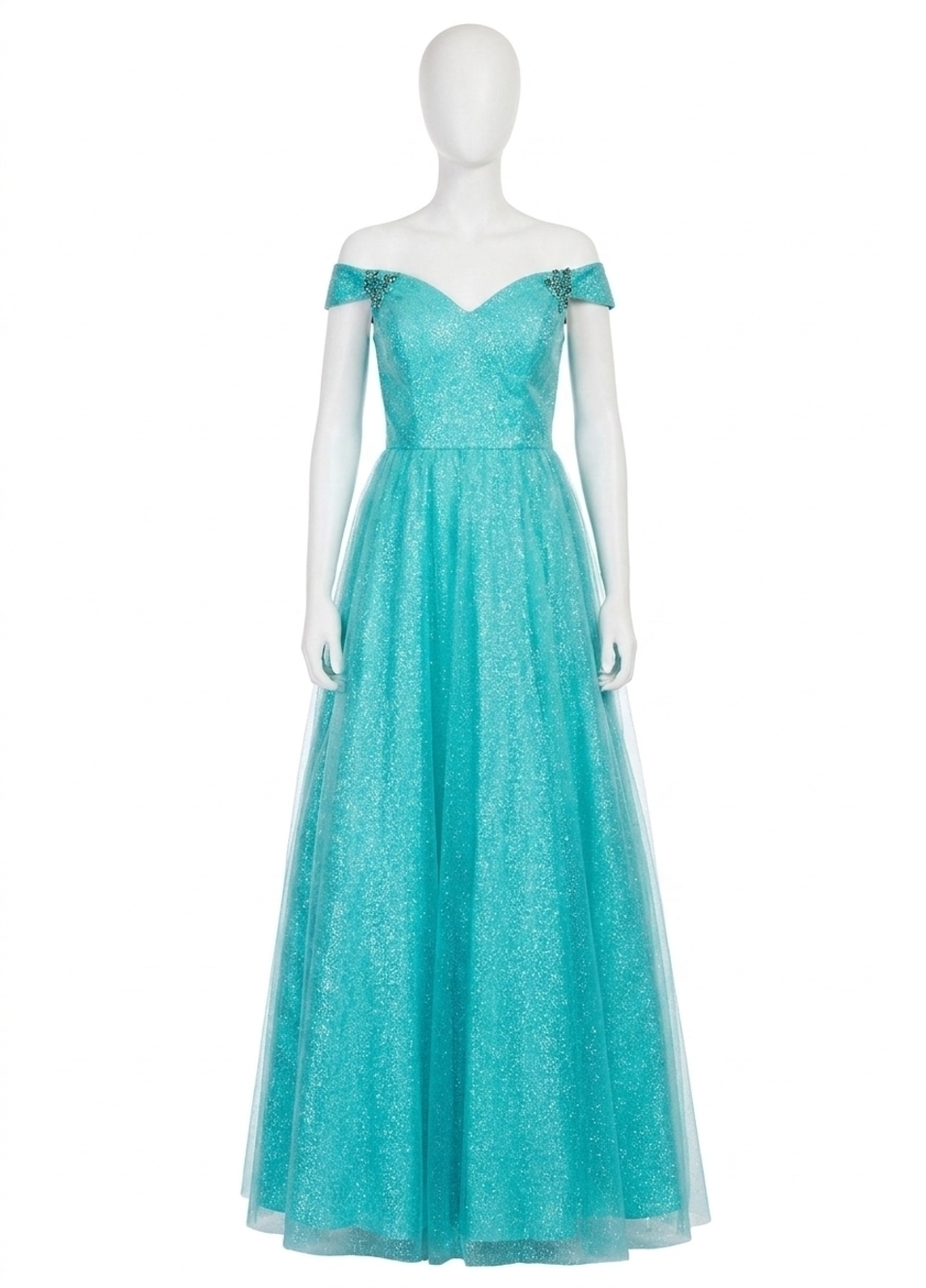 NEW RACHEL ALLAN sequin tulle off-the-shoulder prom gown in aqua mint